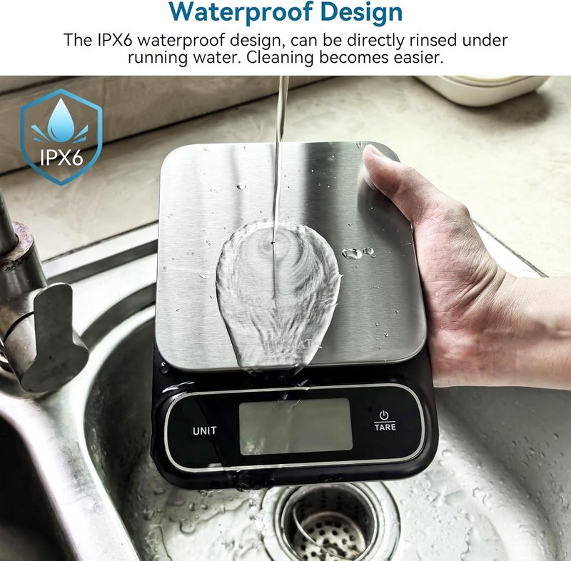 BOMATA Waterproof IPX6 Kitchen Scale, 0.1 g/0.01 oz High Precision, 5 kg/11 lbs, Digital Scale with Backlight, Stainless Steel Weighing Platform, for Food, Cooking, Baking, Weight Loss.. B619, Grey - Image 3